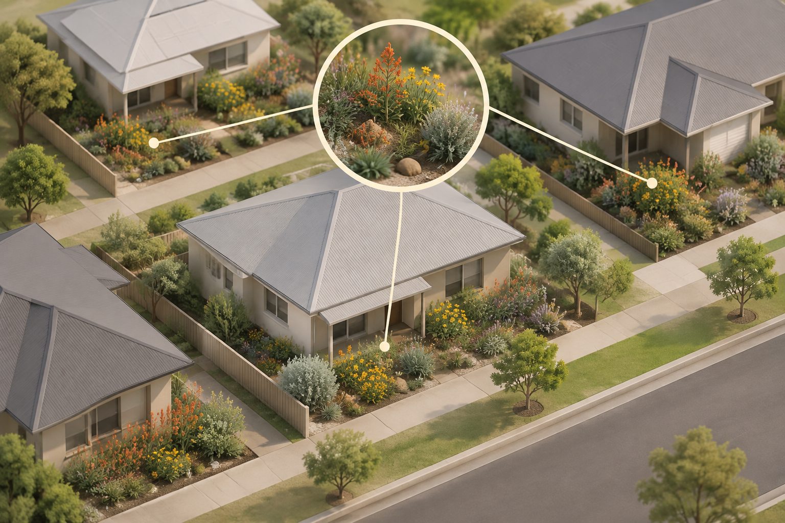 Abstract editorial illustration accompanying the article: Native verge gardens were more likely to appear near other gardens in Perth study