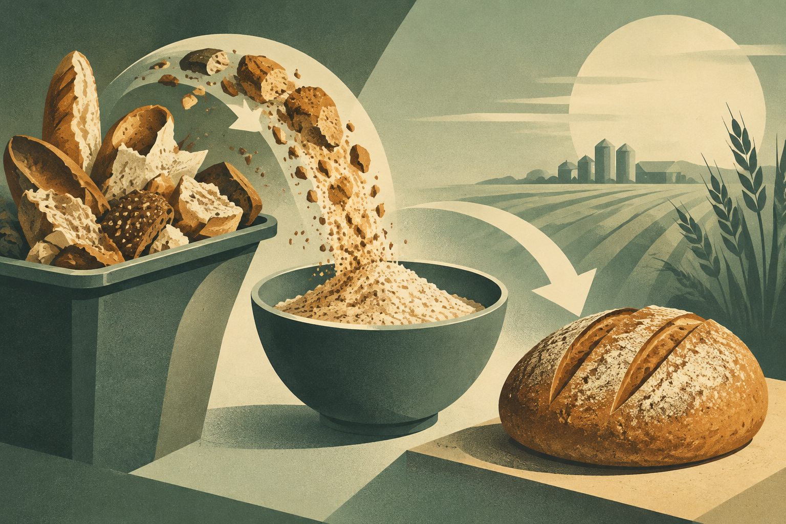 Abstract editorial illustration accompanying the article: Bakery waste could add nutrients to bread, but taste may decide its future