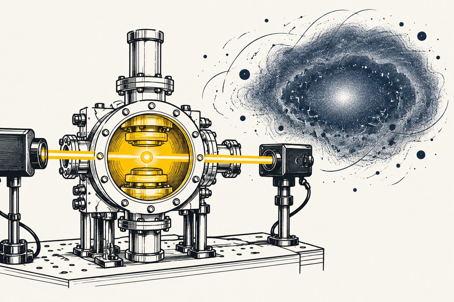 Abstract editorial illustration accompanying the article: A thorium clock searches for signs that dark matter changes nature’s constants