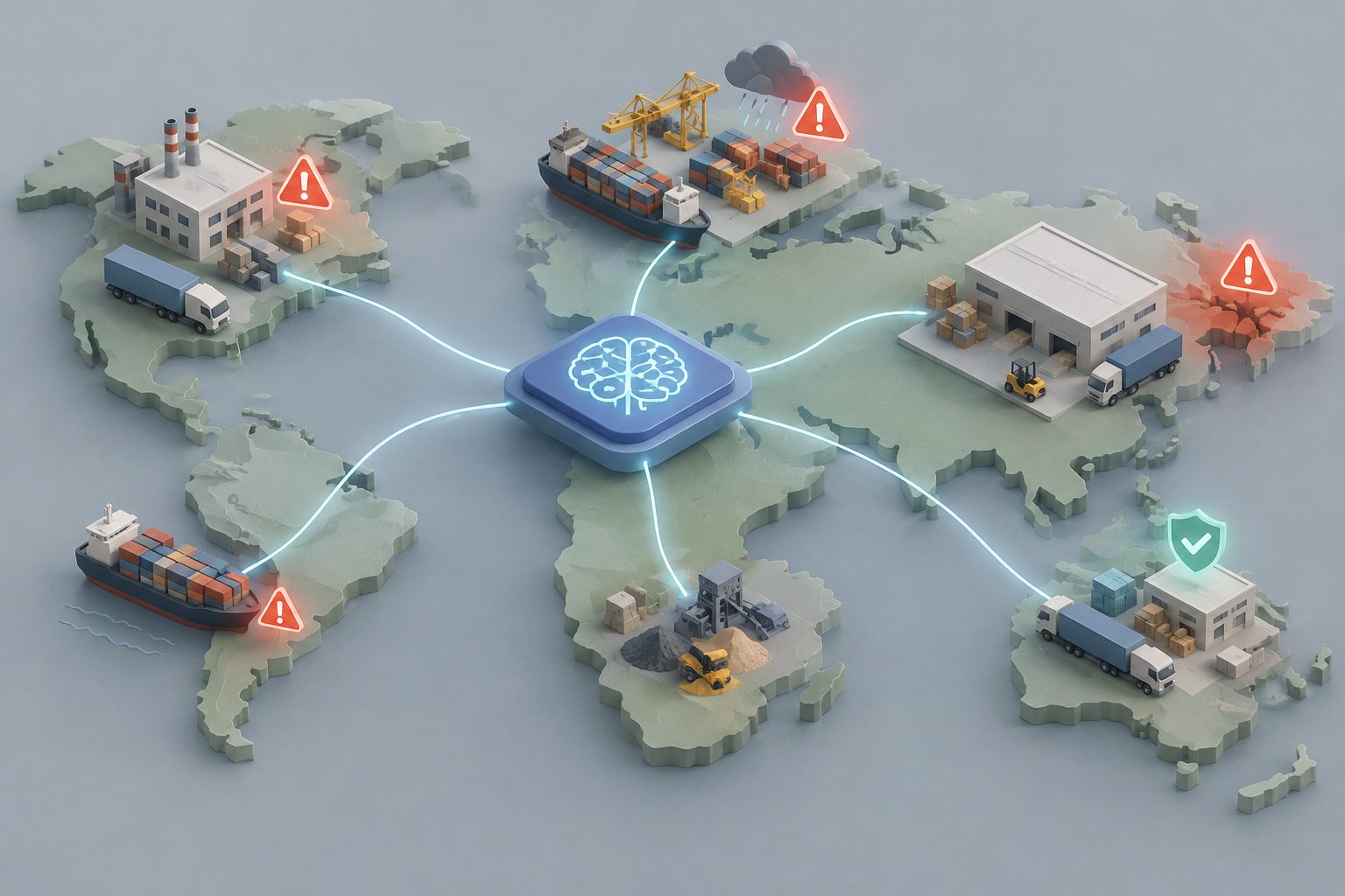 Abstract editorial illustration accompanying the article: How artificial intelligence is helping assess risks across global supply chains
