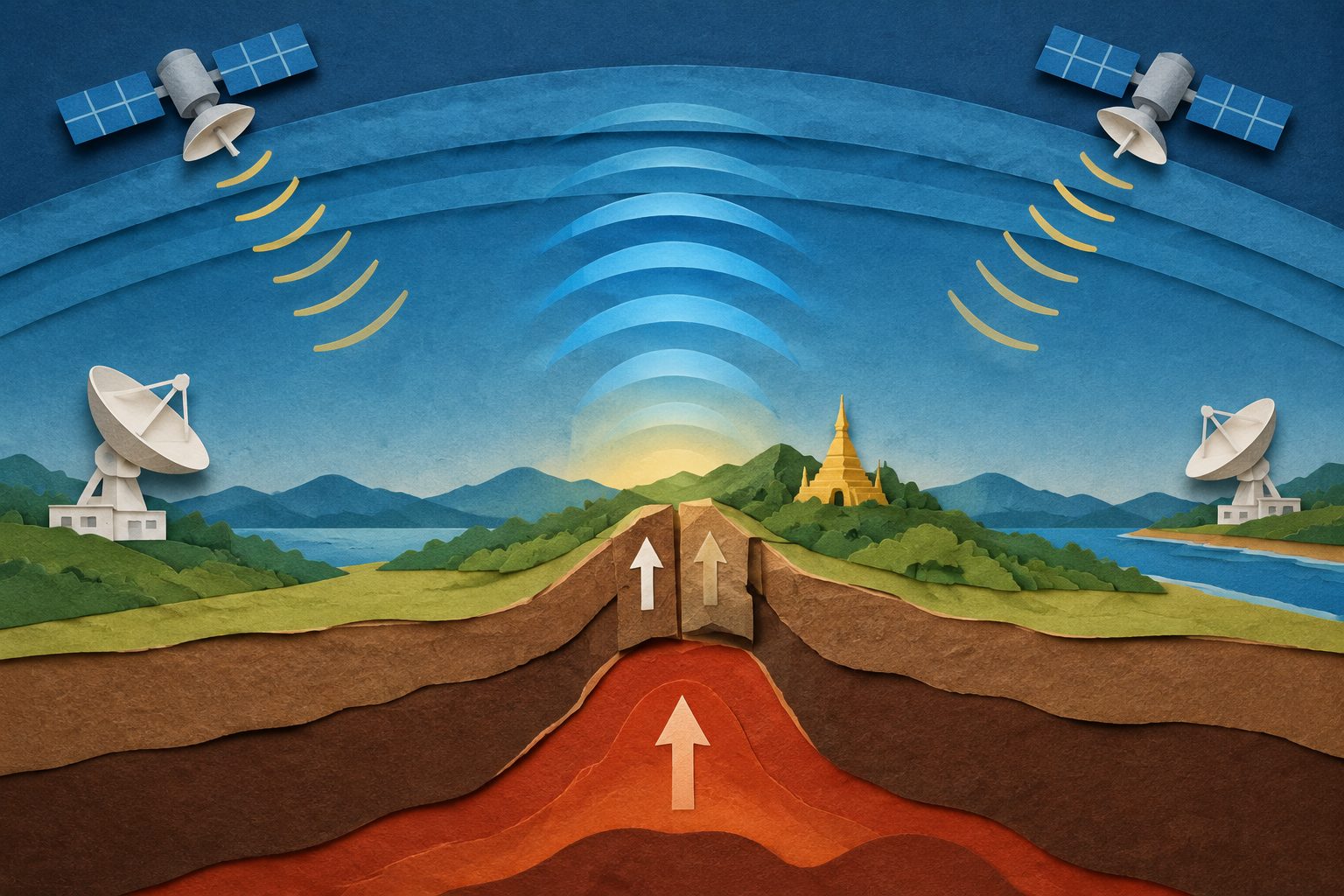 Abstract editorial illustration accompanying the article: Distant ground stations estimated Myanmar earthquake uplift through the upper atmosphere