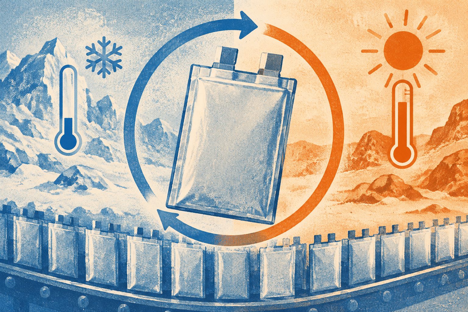 Abstract editorial illustration accompanying the article: A lithium-ion pouch cell ran from −50 to 120°C and stayed stable for 2,000 cycles