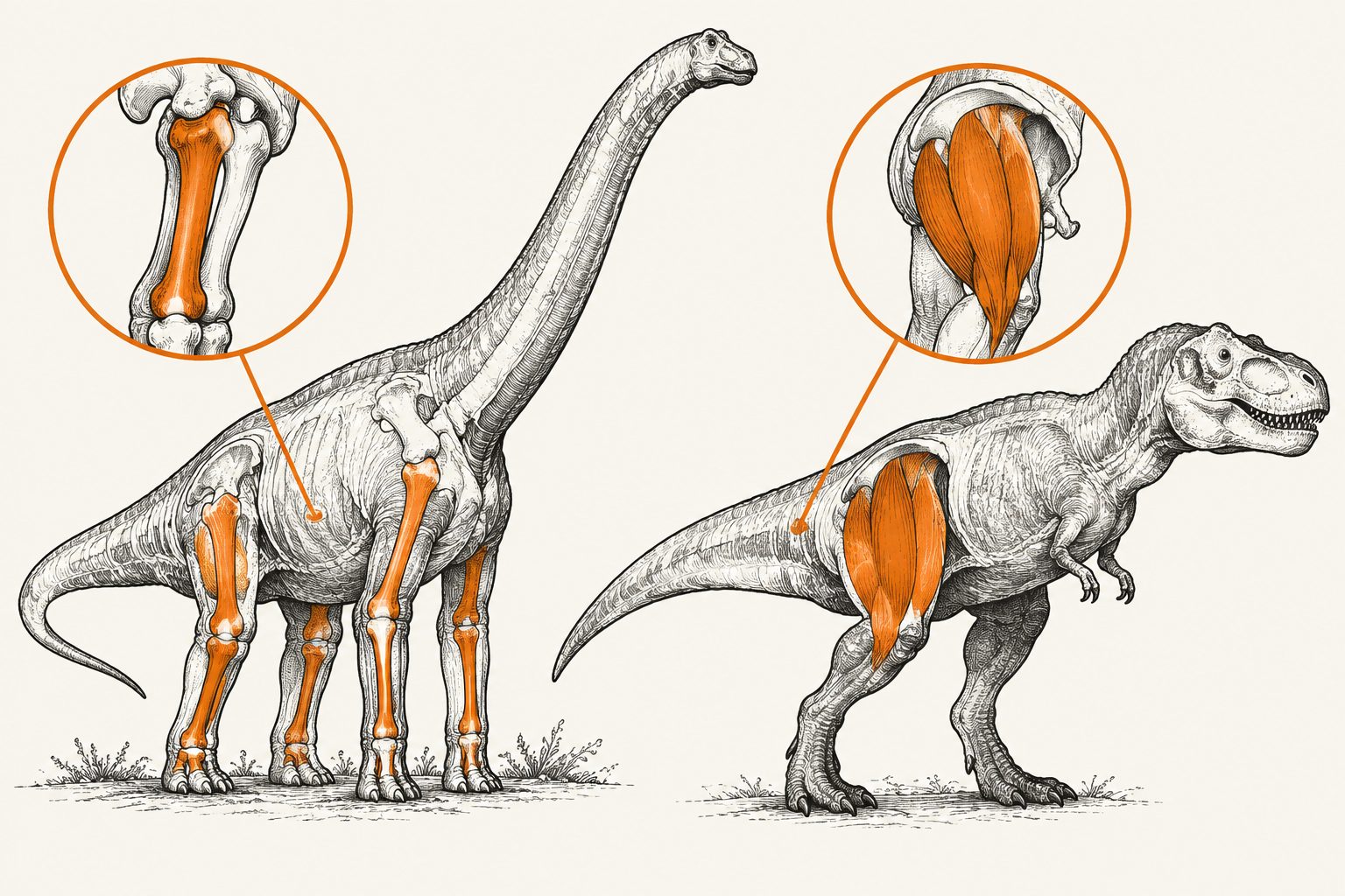 Abstract editorial illustration accompanying the article: Giant dinosaurs supported their weight with different bone and soft-tissue designs