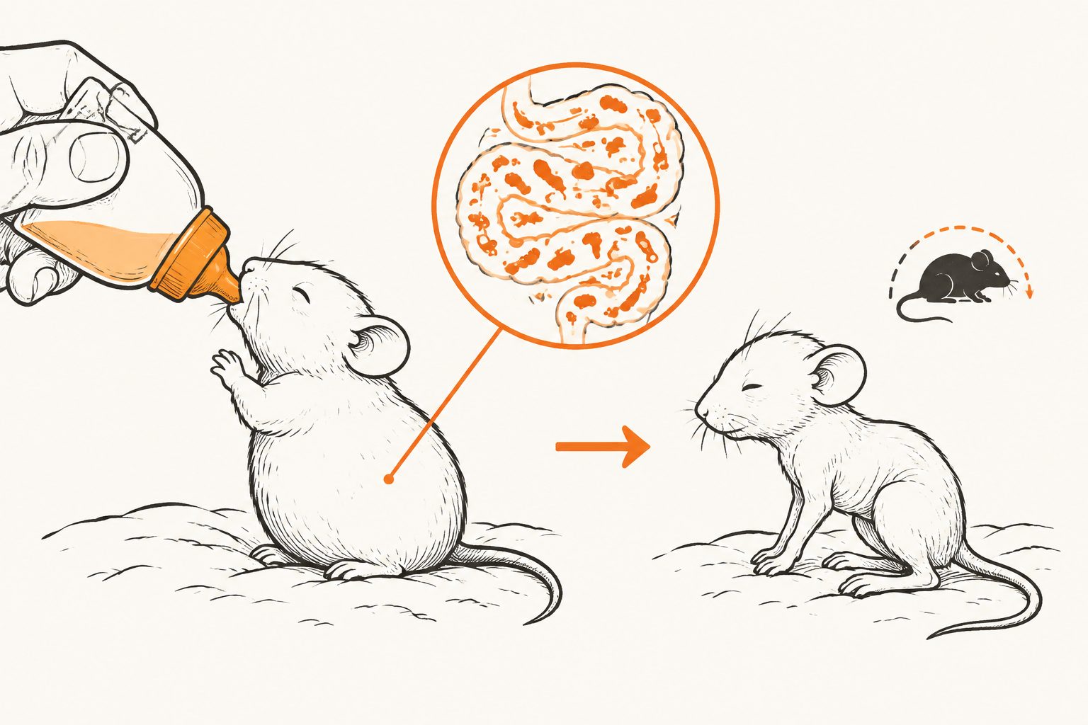 Abstract editorial illustration accompanying the article: Overfed newborn mice lost muscle faster and lived shorter lives
