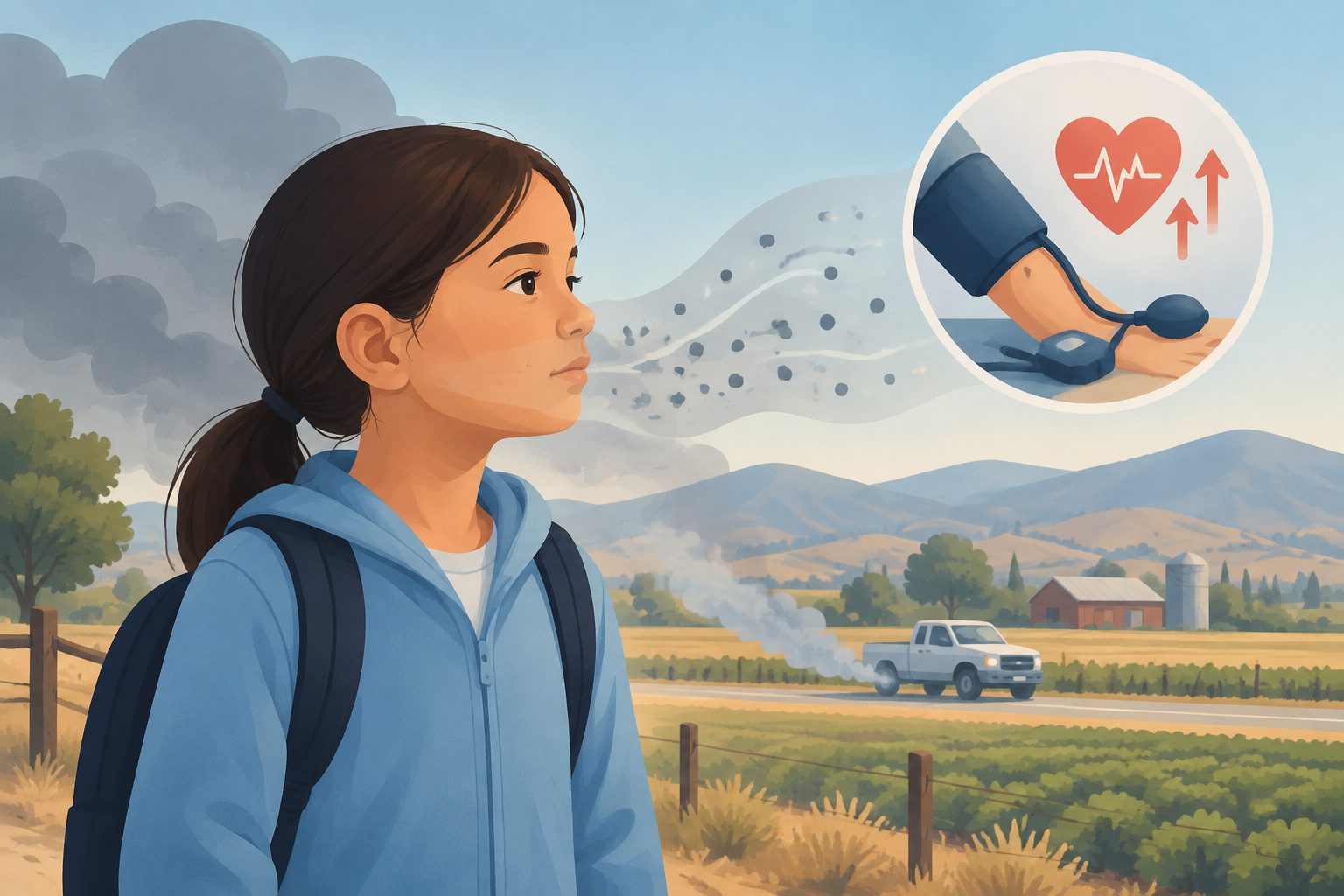Abstract editorial illustration accompanying the article: Short-term air pollution linked to higher blood pressure in rural California children