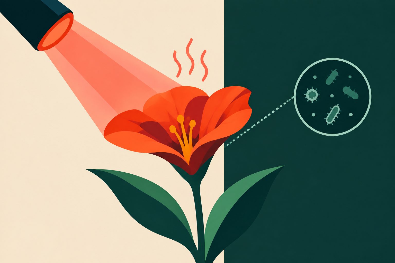 Abstract editorial illustration accompanying the article: Infrared light warmed some flowers, where fewer microbes were found