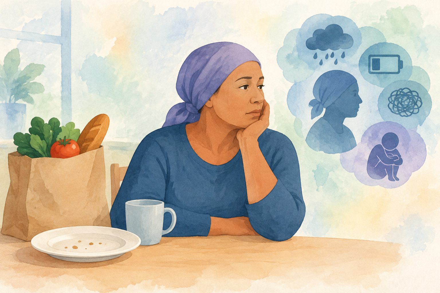 Abstract editorial illustration accompanying the article: Review links food insecurity with poorer well-being among adults with cancer