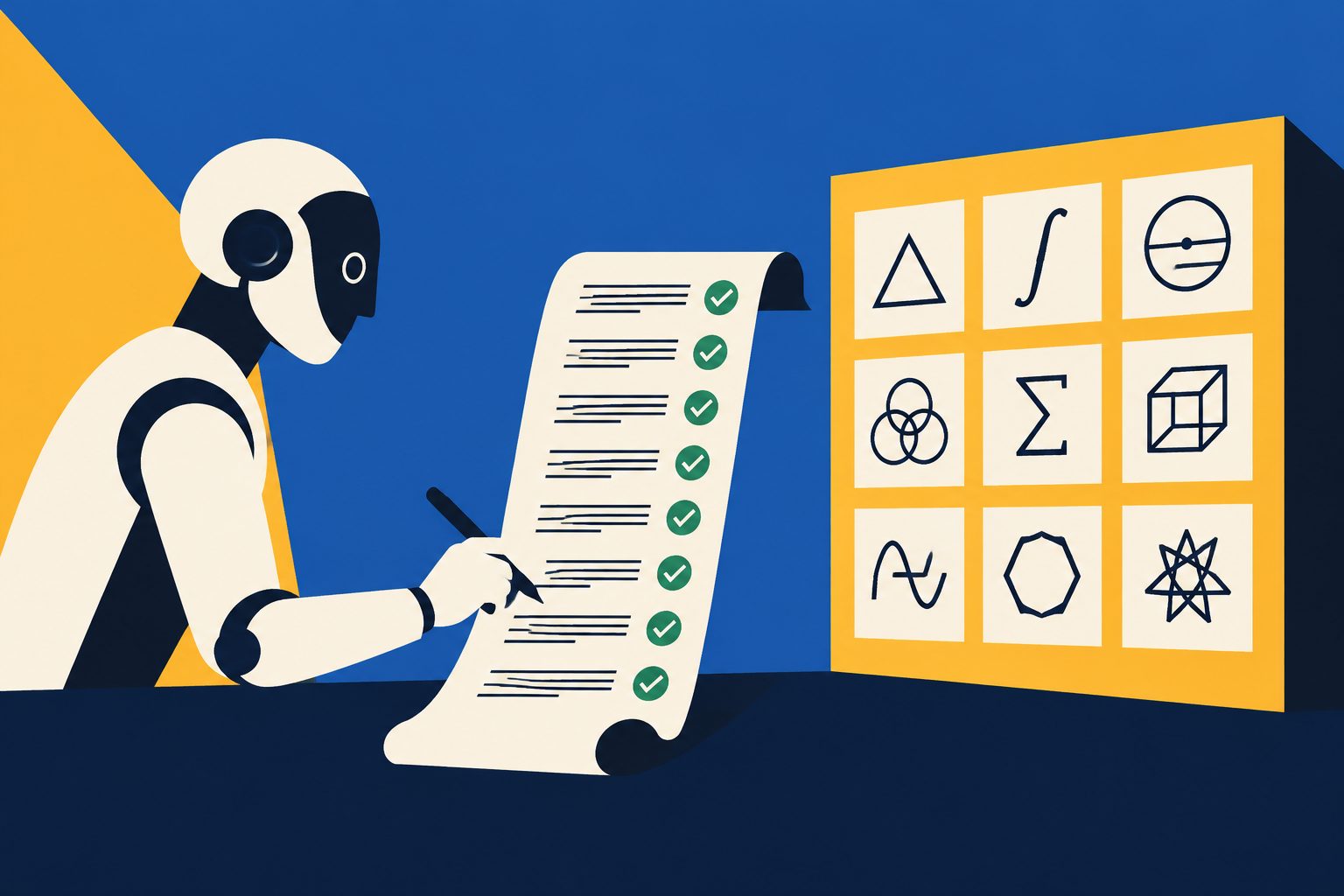 Abstract editorial illustration accompanying the article: An AI system solved nine open math problems with every step checked