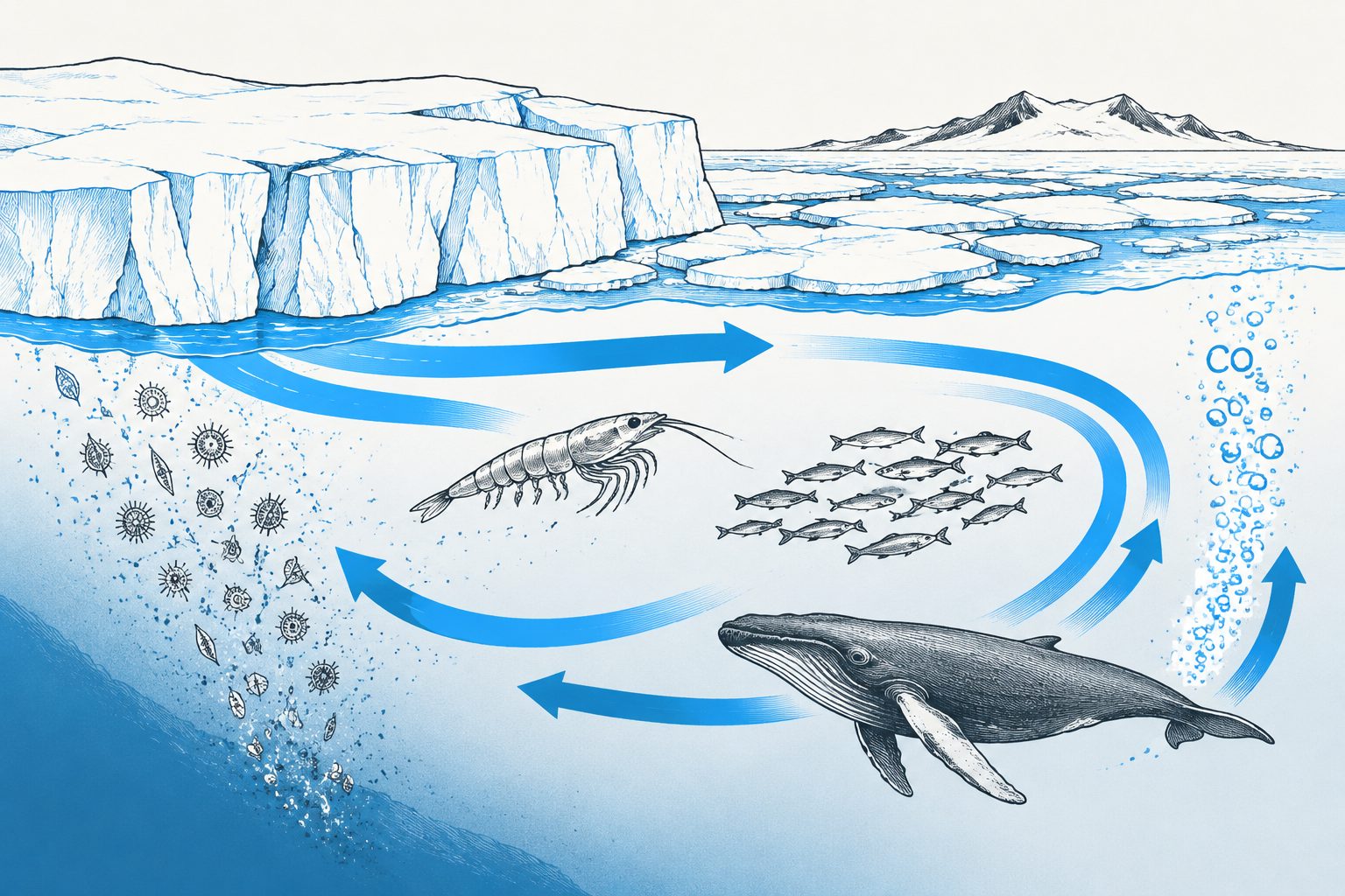 Abstract editorial illustration accompanying the article: Antarctic sea ice is tied to shifts in ocean currents, ocean life and carbon