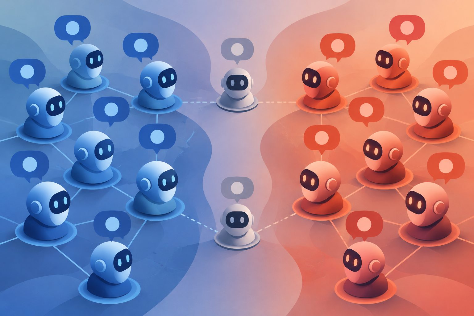 Abstract editorial illustration accompanying the article: AI agents formed polarized opinions in simulated social networks