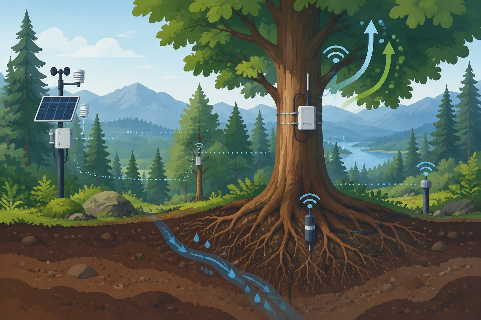 Abstract editorial illustration accompanying the article: A forest sensor network tracks water and carbon from soil to treetops