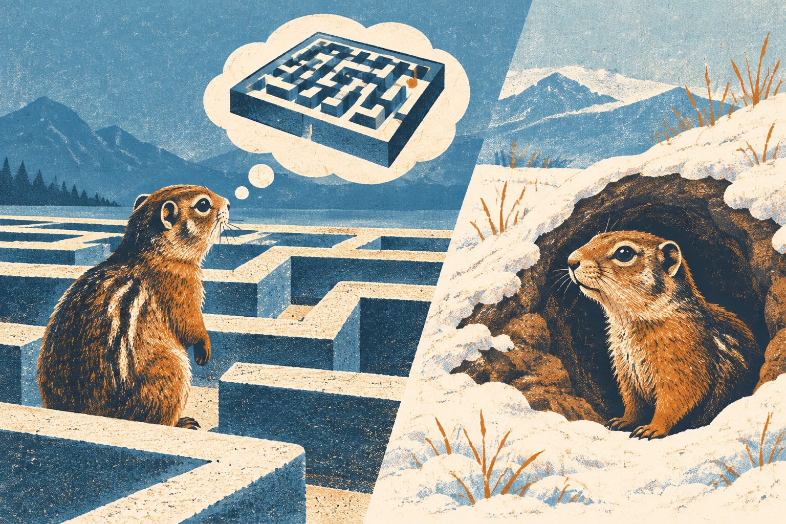 Abstract editorial illustration accompanying the article: Columbian ground squirrels remember a maze after nine months of hibernation