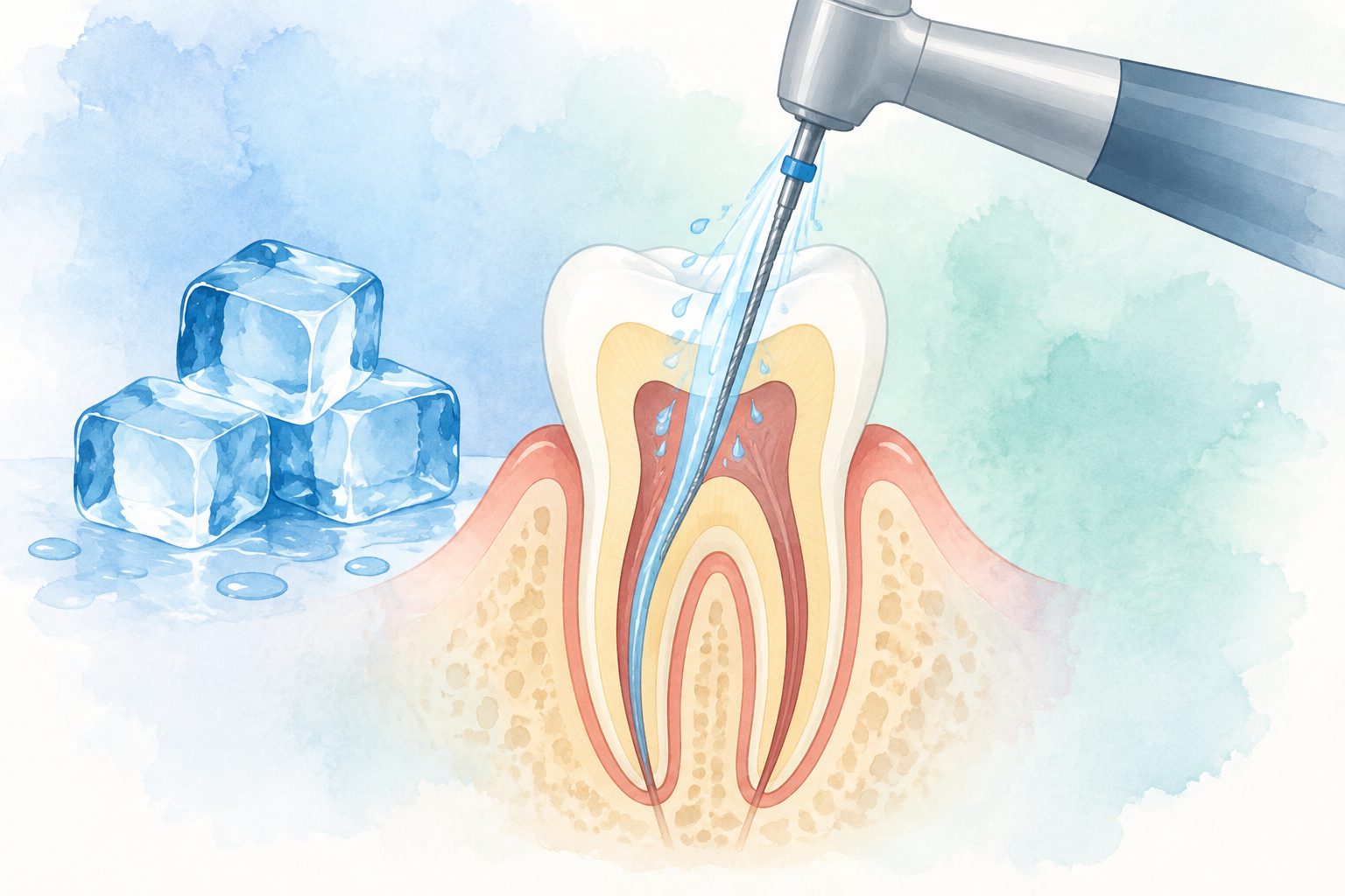 Abstract editorial illustration accompanying the article: Review suggests cooling during root canal treatment may reduce short-term pain