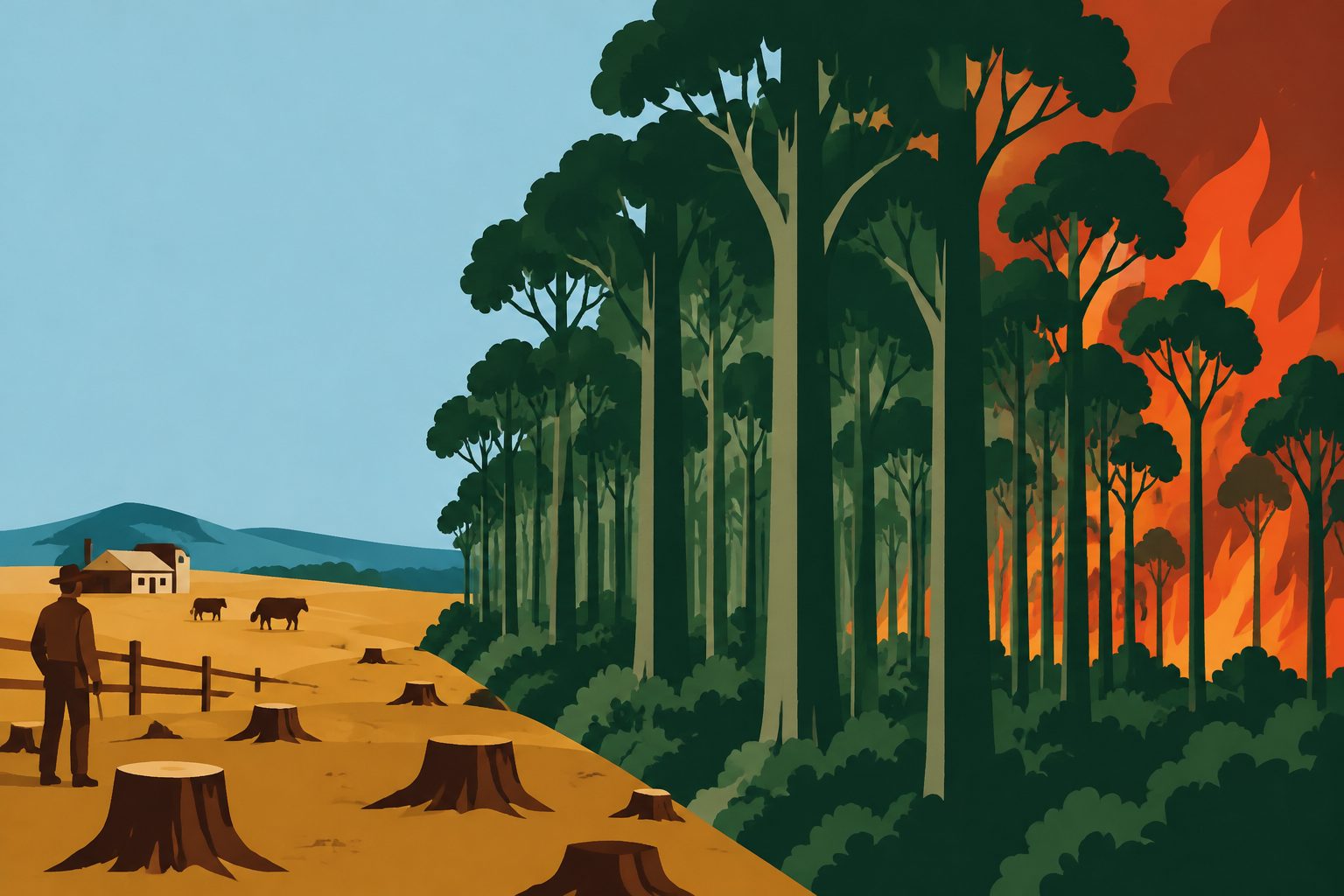 Abstract editorial illustration accompanying the article: Colonial land use left southeastern Australia’s forests denser and more fire-prone