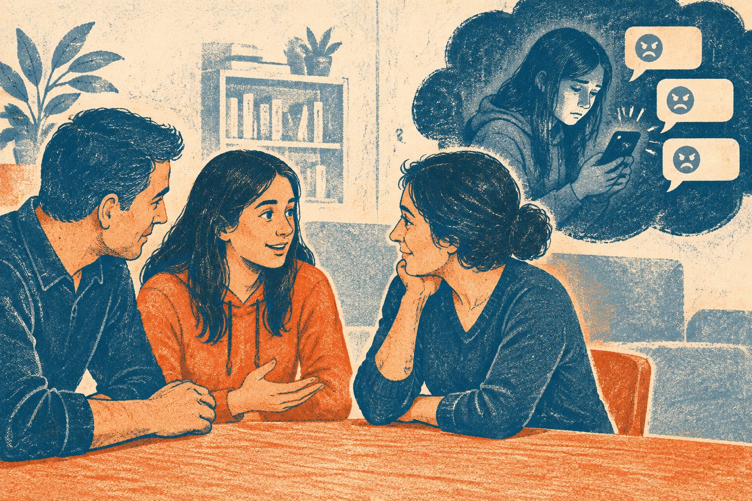 Abstract editorial illustration accompanying the article: Open family conversations linked to lower cyberbullying victimization in teens