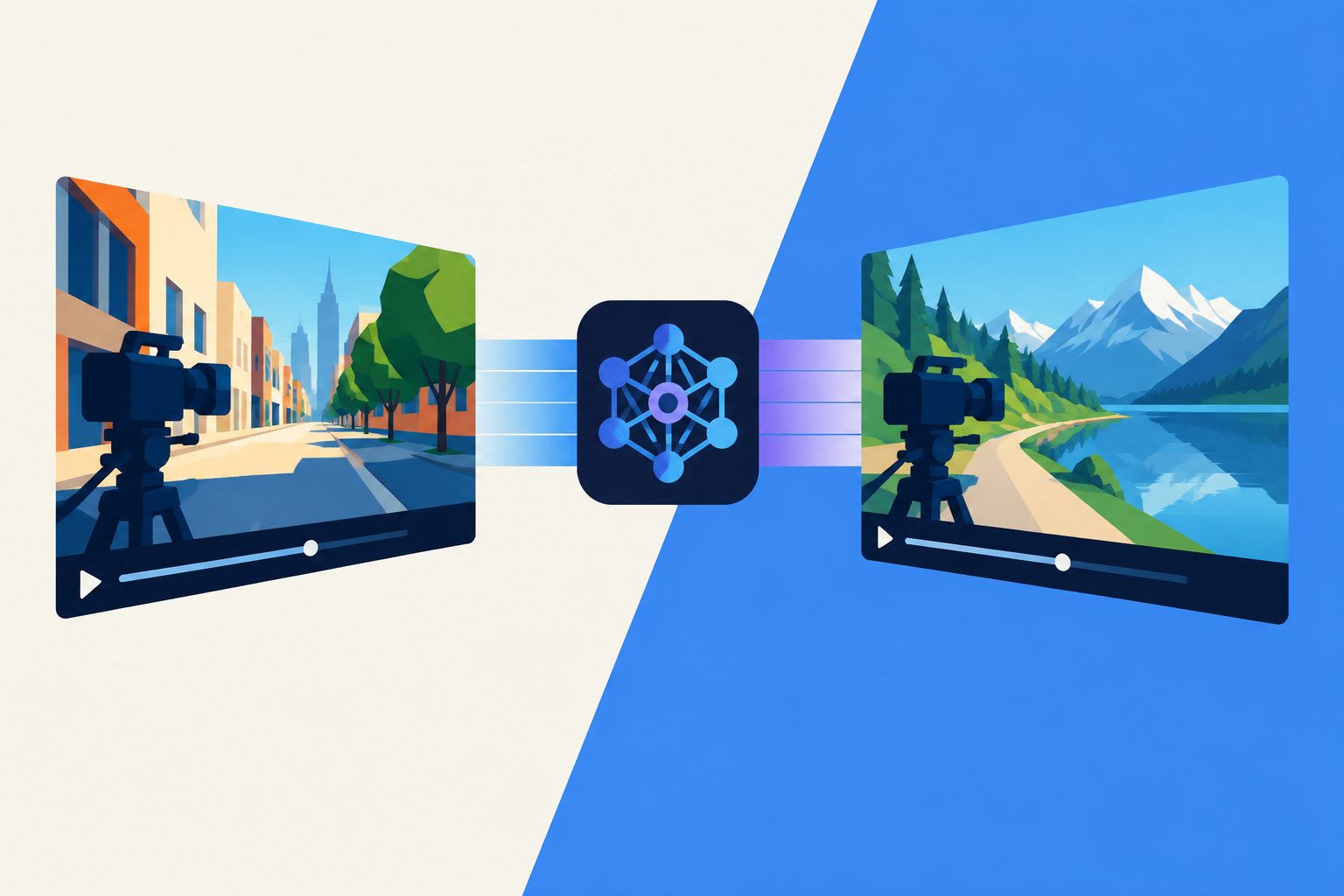 Abstract editorial illustration accompanying the article: An AI system transfers camera moves from one video to another scene