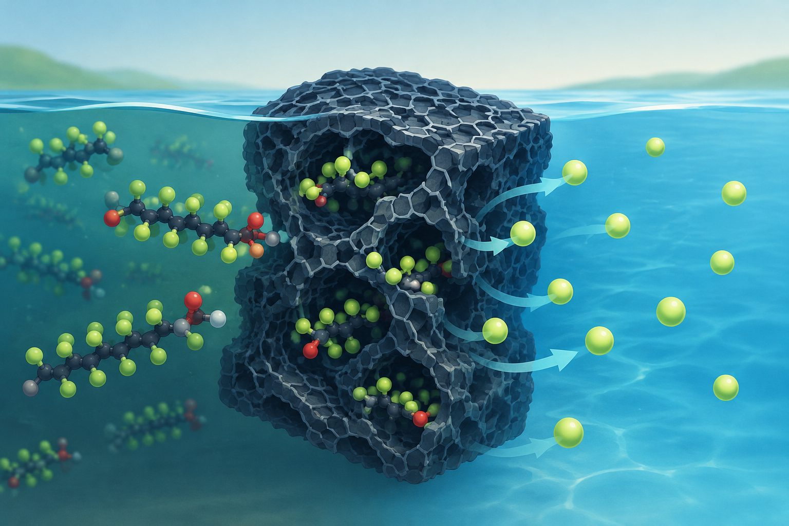 Abstract editorial illustration accompanying the article: A graphene sponge helps light strip fluorine from ‘forever chemicals’