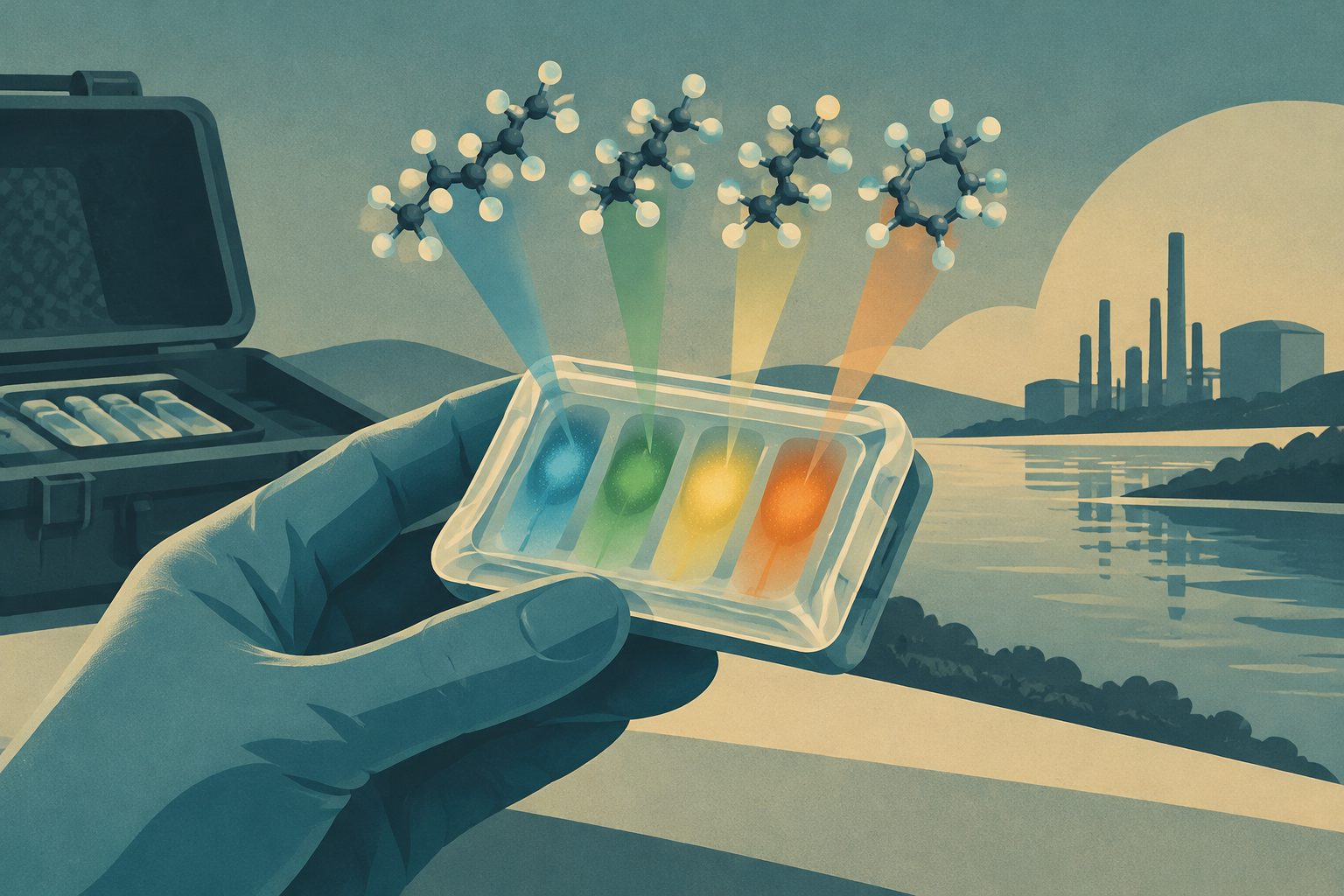 Abstract editorial illustration accompanying the article: A portable gel distinguishes several types of long-lasting fluorinated chemicals