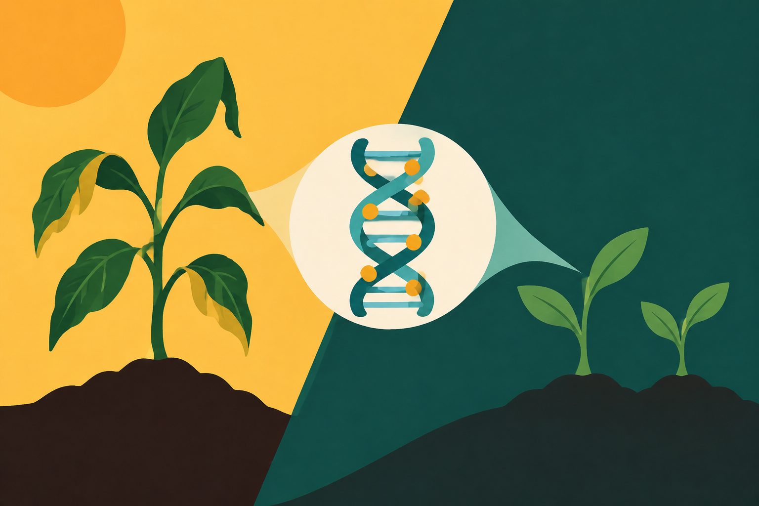 Abstract editorial illustration accompanying the article: Can plants pass stress memories to their offspring? The evidence is mixed
