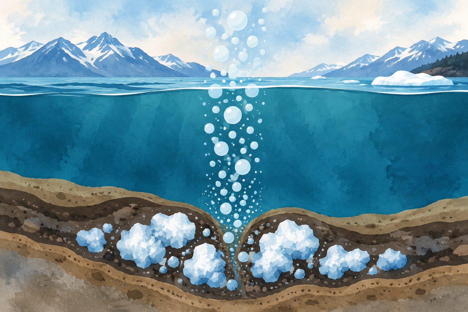 Abstract editorial illustration accompanying the article: Alaska test found steady gas and much more gas than water