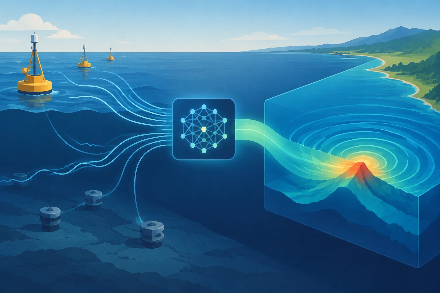 Abstract editorial illustration accompanying the article: An AI system estimated a tsunami source from real observations within minutes