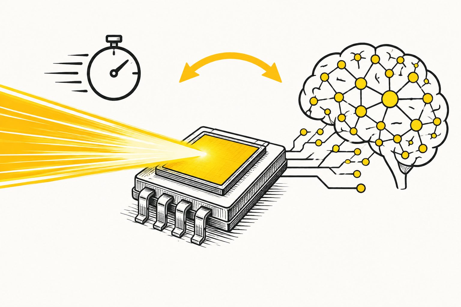 Abstract editorial illustration accompanying the article: A light sensor switches from ultrafast sensing to brain-like processing