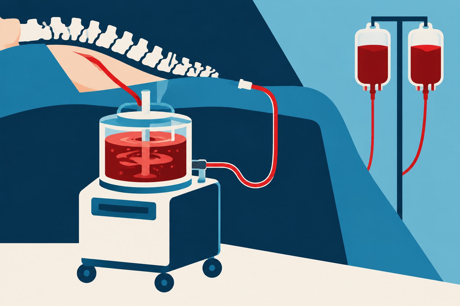 Abstract editorial illustration accompanying the article: Review finds cell salvage may not reduce total transfusions in spine surgery