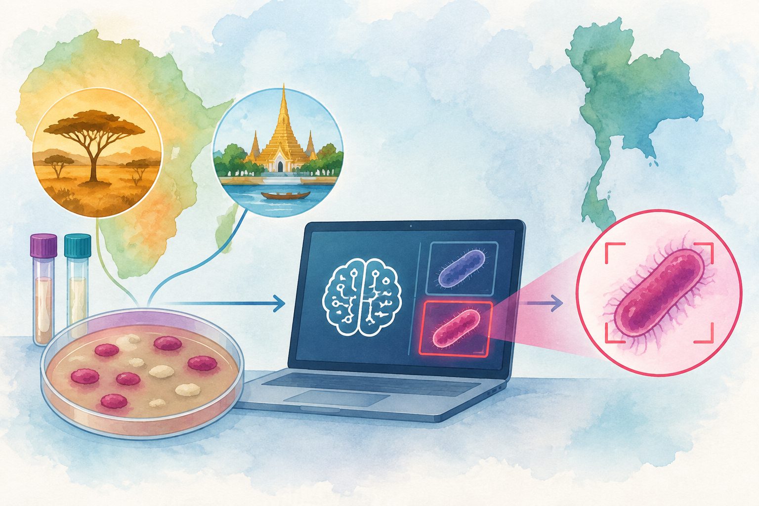 Abstract editorial illustration accompanying the article: An AI tool better detected meropenem-resistant Klebsiella in African and Thai data