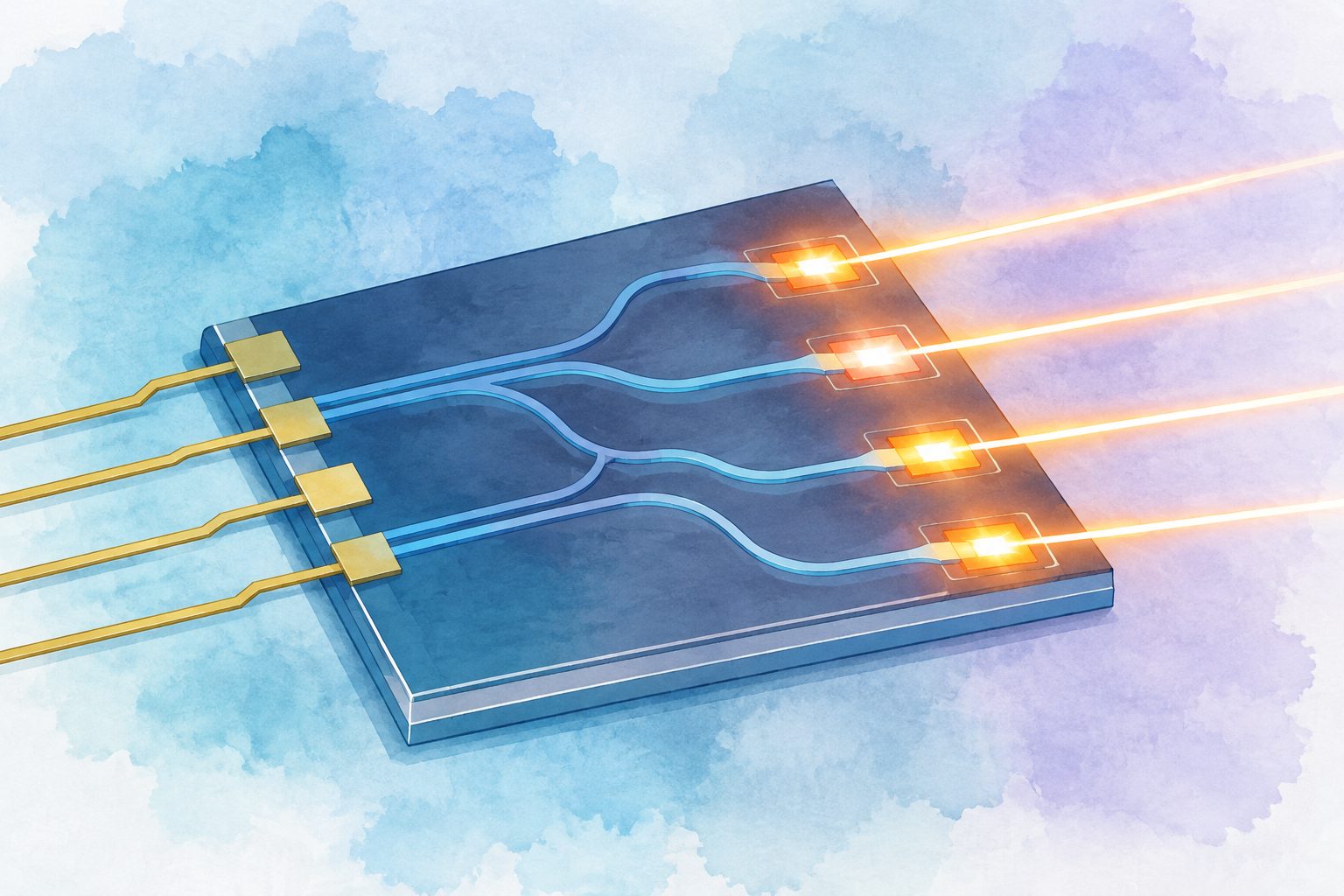 Abstract editorial illustration accompanying the article: Silicon photonic circuits gain light-emitting spots without losing electrical function