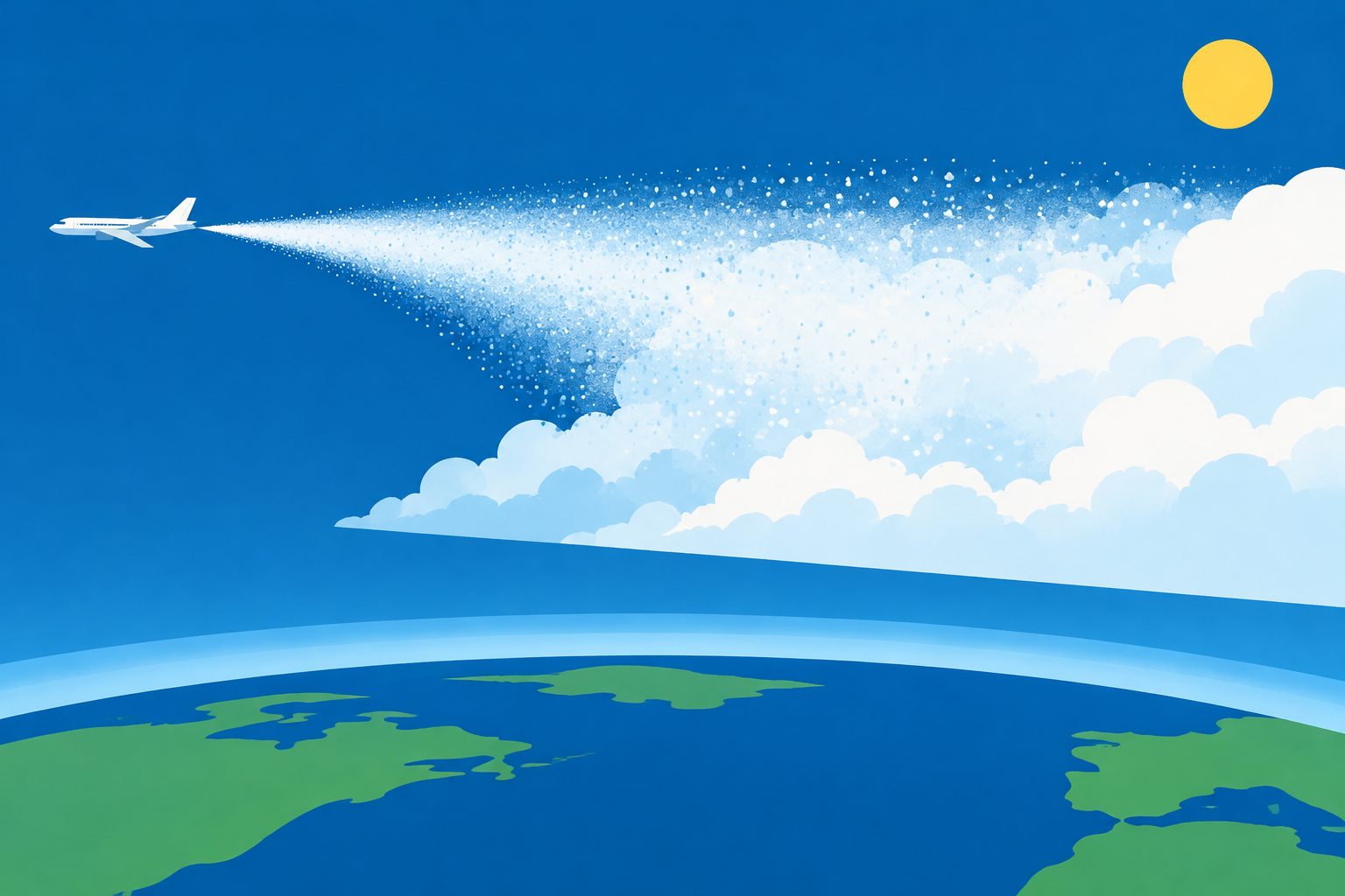 Abstract editorial illustration accompanying the article: Cloud-brightening plans may overstate cooling when aerosol plumes spread instantly