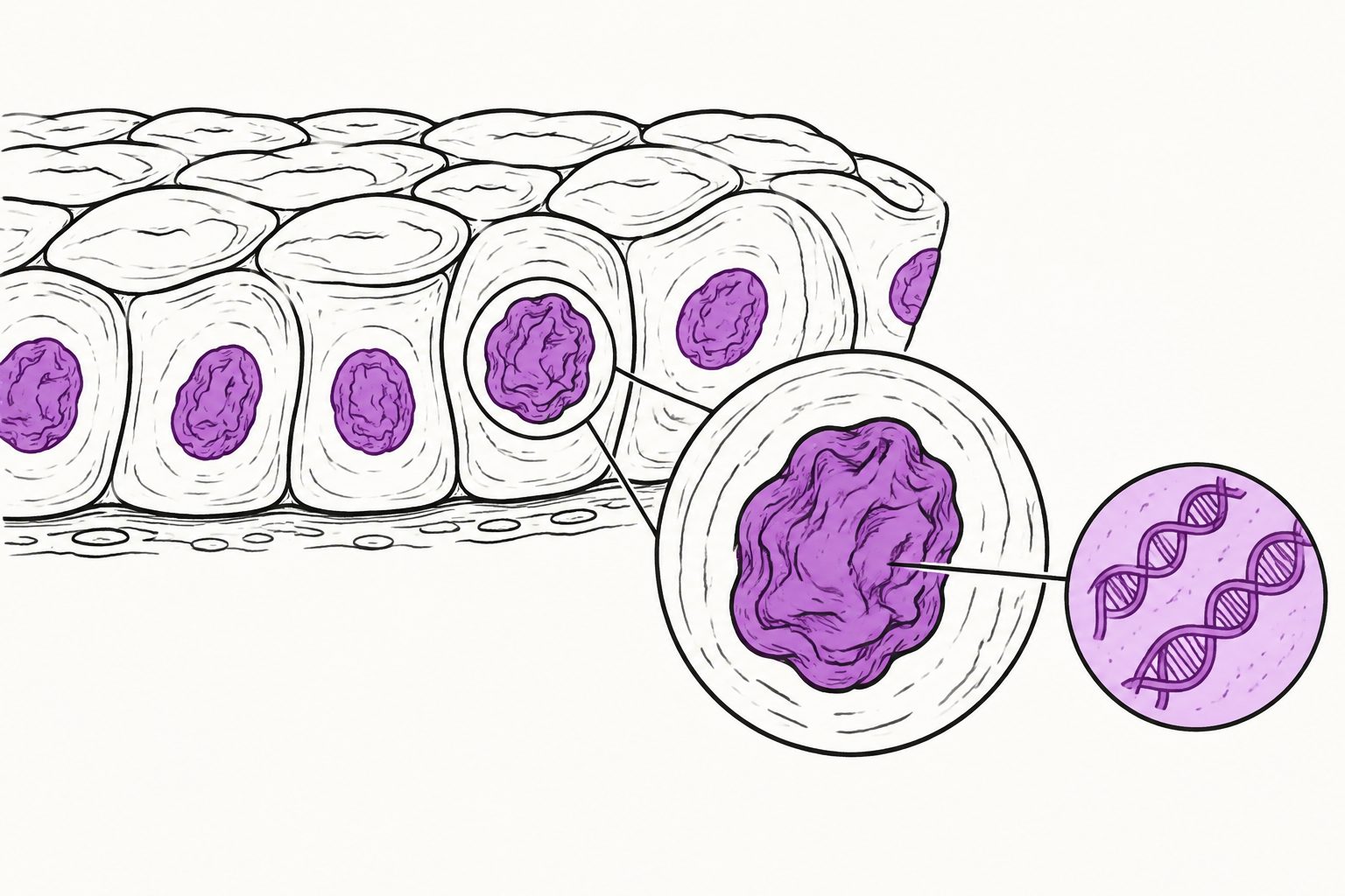 Abstract editorial illustration accompanying the article: Crowded epithelial cells wrinkle their nuclei without detectable DNA damage