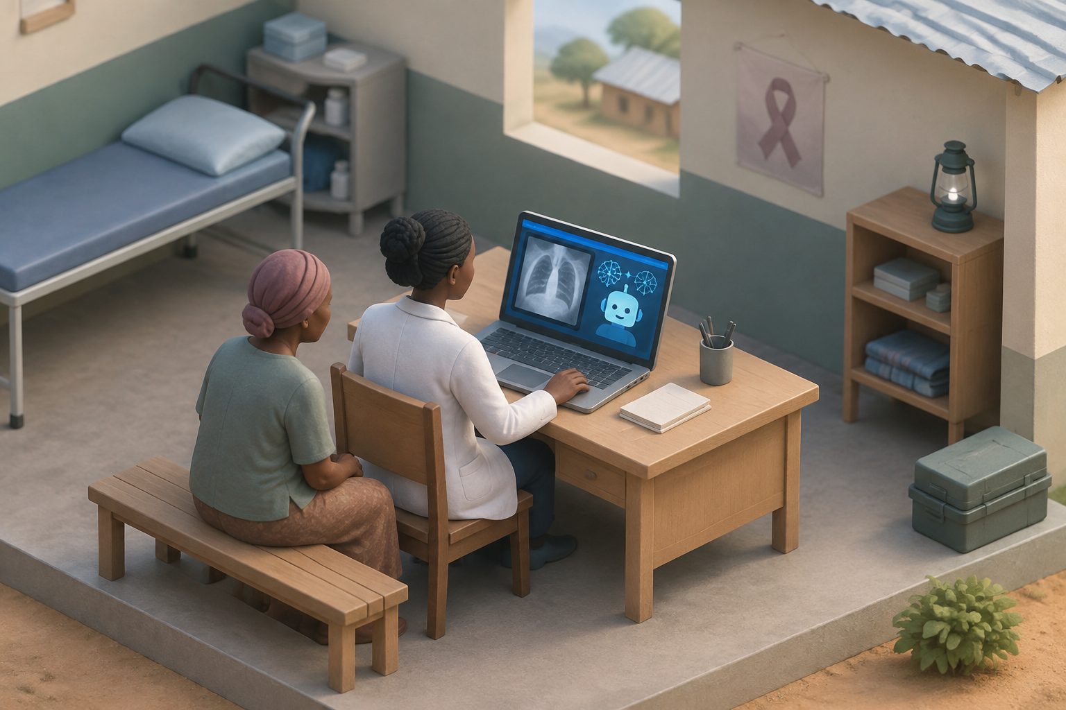 Abstract editorial illustration accompanying the article: Review finds artificial intelligence use in low-resource cancer care remains at early stages