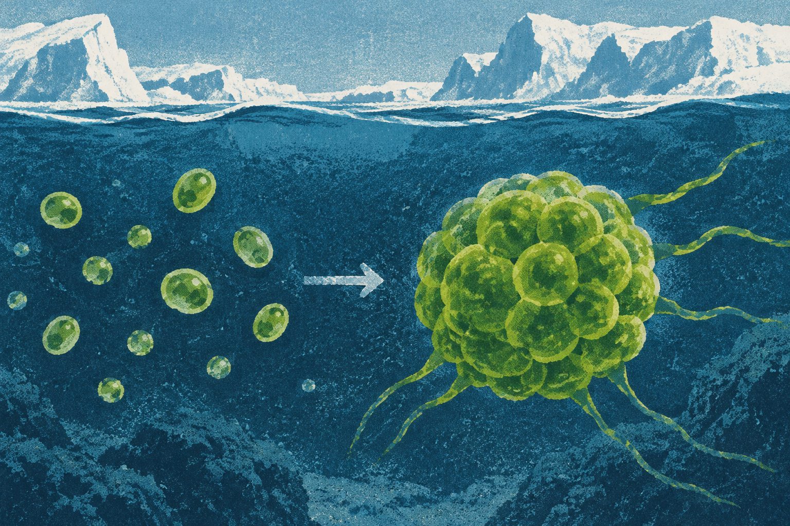Abstract editorial illustration accompanying the article: Thick, cold oceans may have favored multicellular green algae