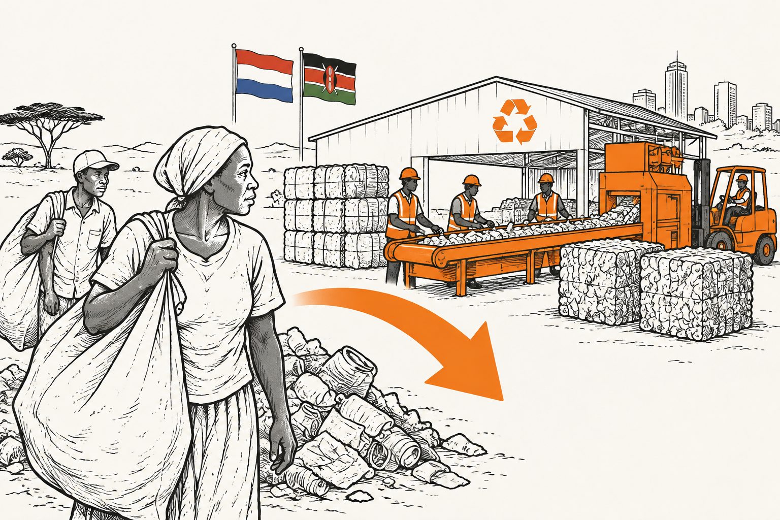 Abstract editorial illustration accompanying the article: Dutch recycling projects in Kenya can push informal workers aside