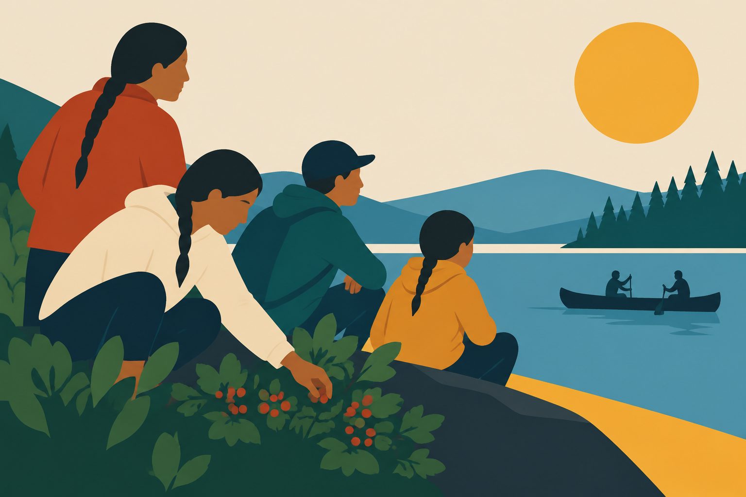 Abstract editorial illustration accompanying the article: Land-based activities and family support linked to healthier outcomes for Indigenous youth