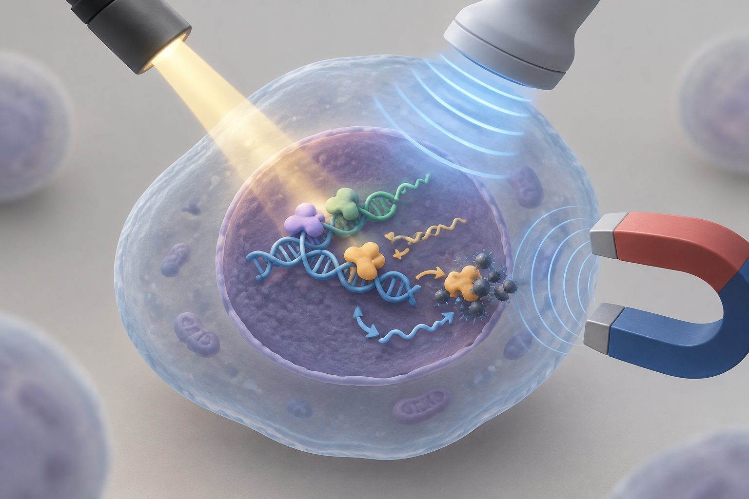 Abstract editorial illustration accompanying the article: Light, ultrasound and magnets are being used to steer genes in cells