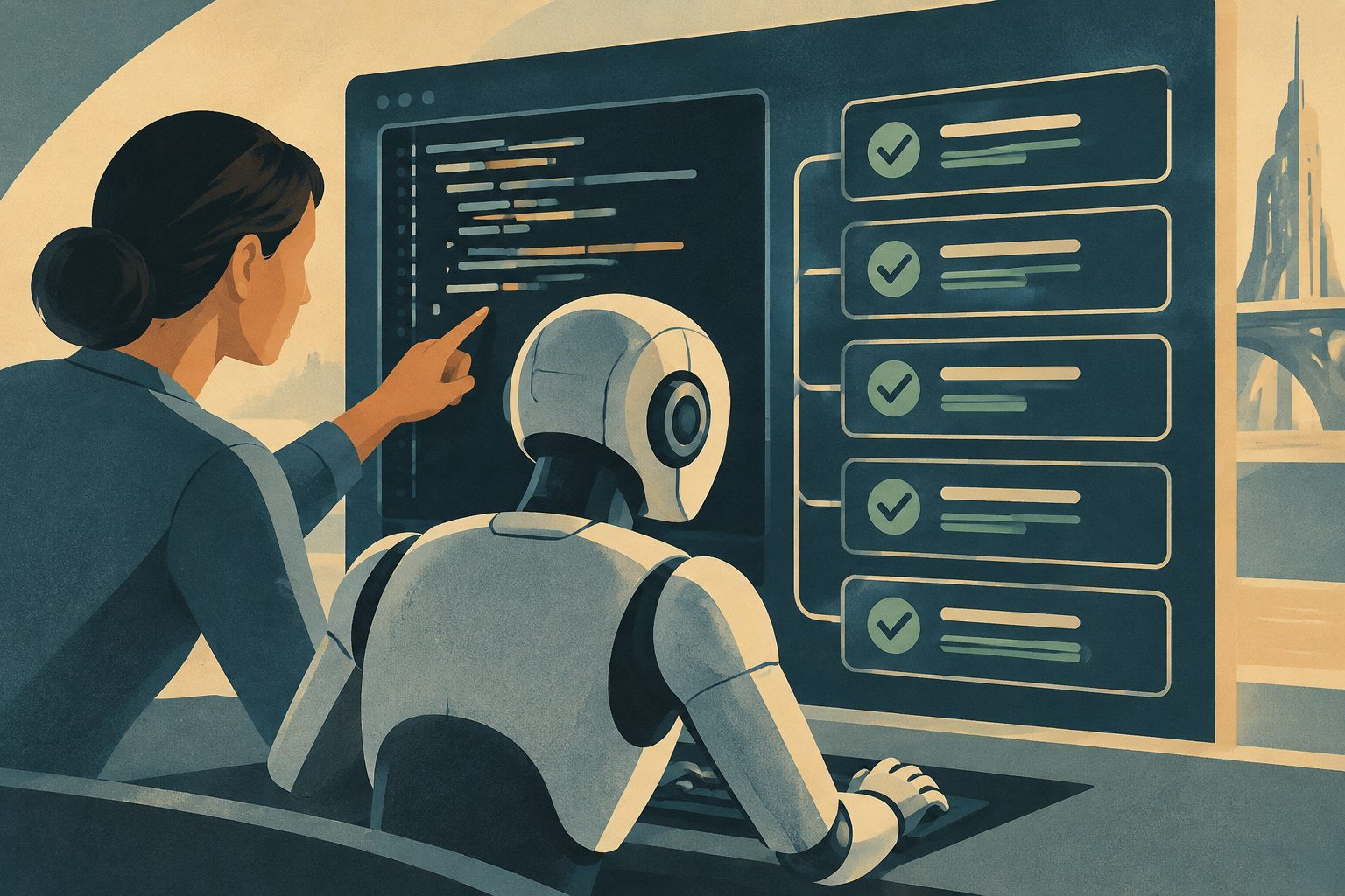 Abstract editorial illustration accompanying the article: When people guide AI coding, the tests are better organized