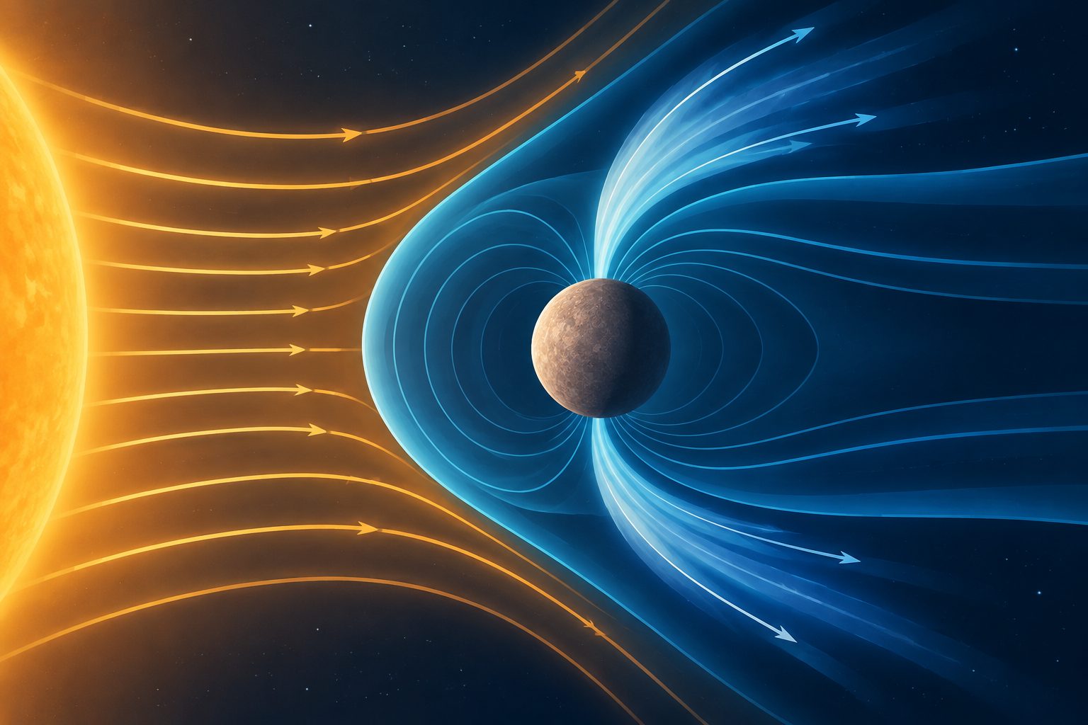 Abstract editorial illustration accompanying the article: Mercury’s magnetic shield may host recurring solar-wind outflows