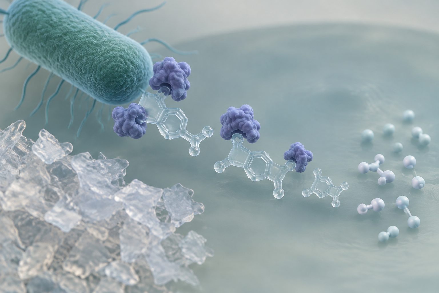 Abstract editorial illustration accompanying the article: A Bacillus enzyme rapidly breaks down PET plastic’s soluble intermediates