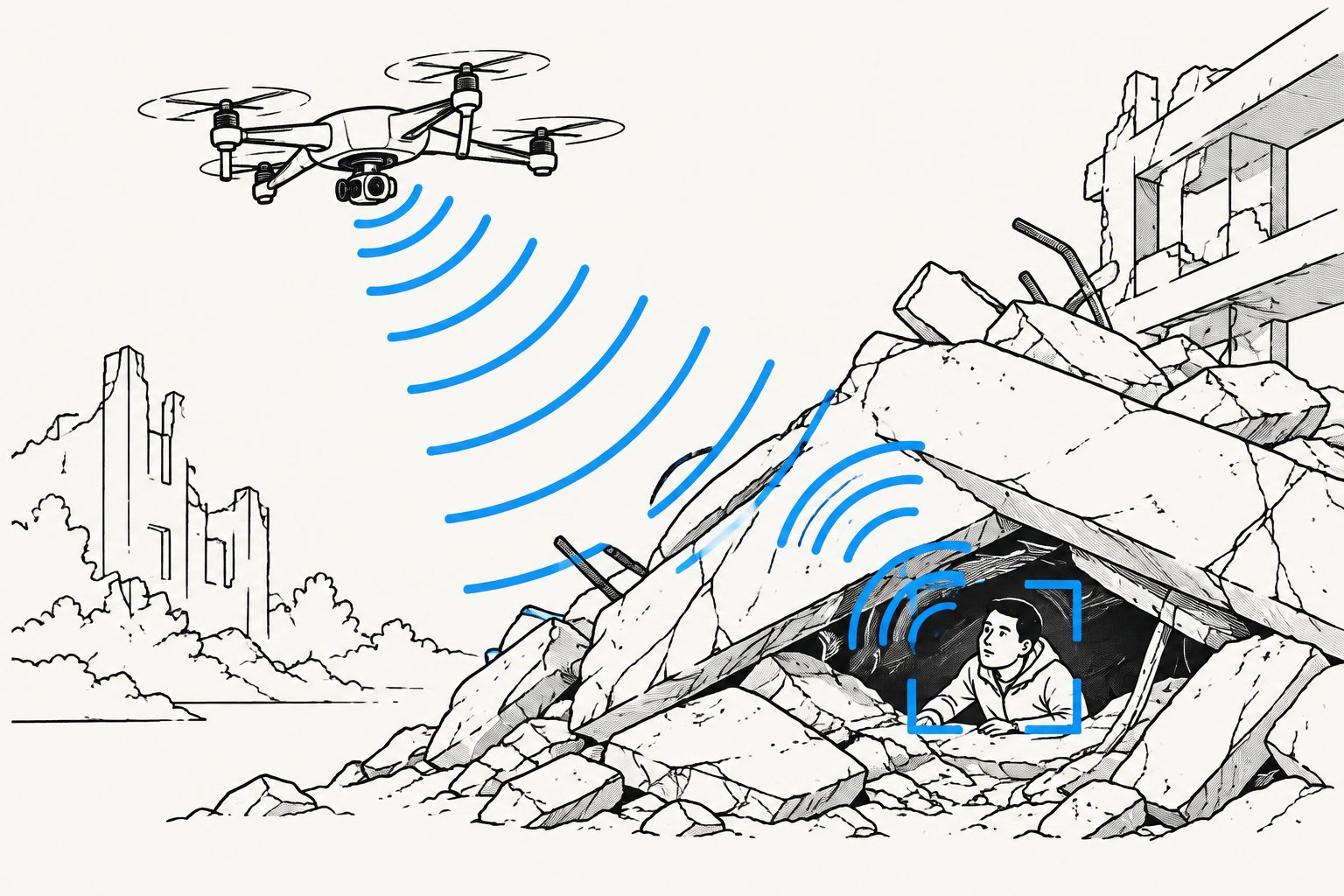 Abstract editorial illustration accompanying the article: In simulations, drones used Wi-Fi signals to locate survivors more accurately