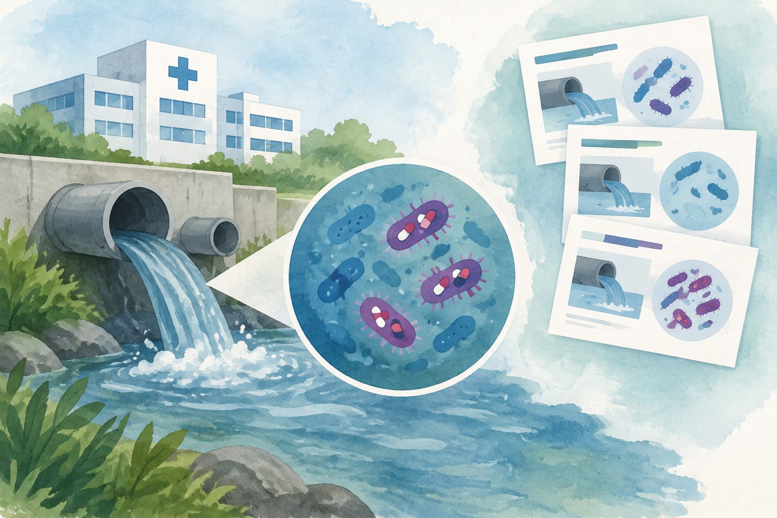 Abstract editorial illustration accompanying the article: Hospital wastewater can reflect drug resistance, but studies do not line up