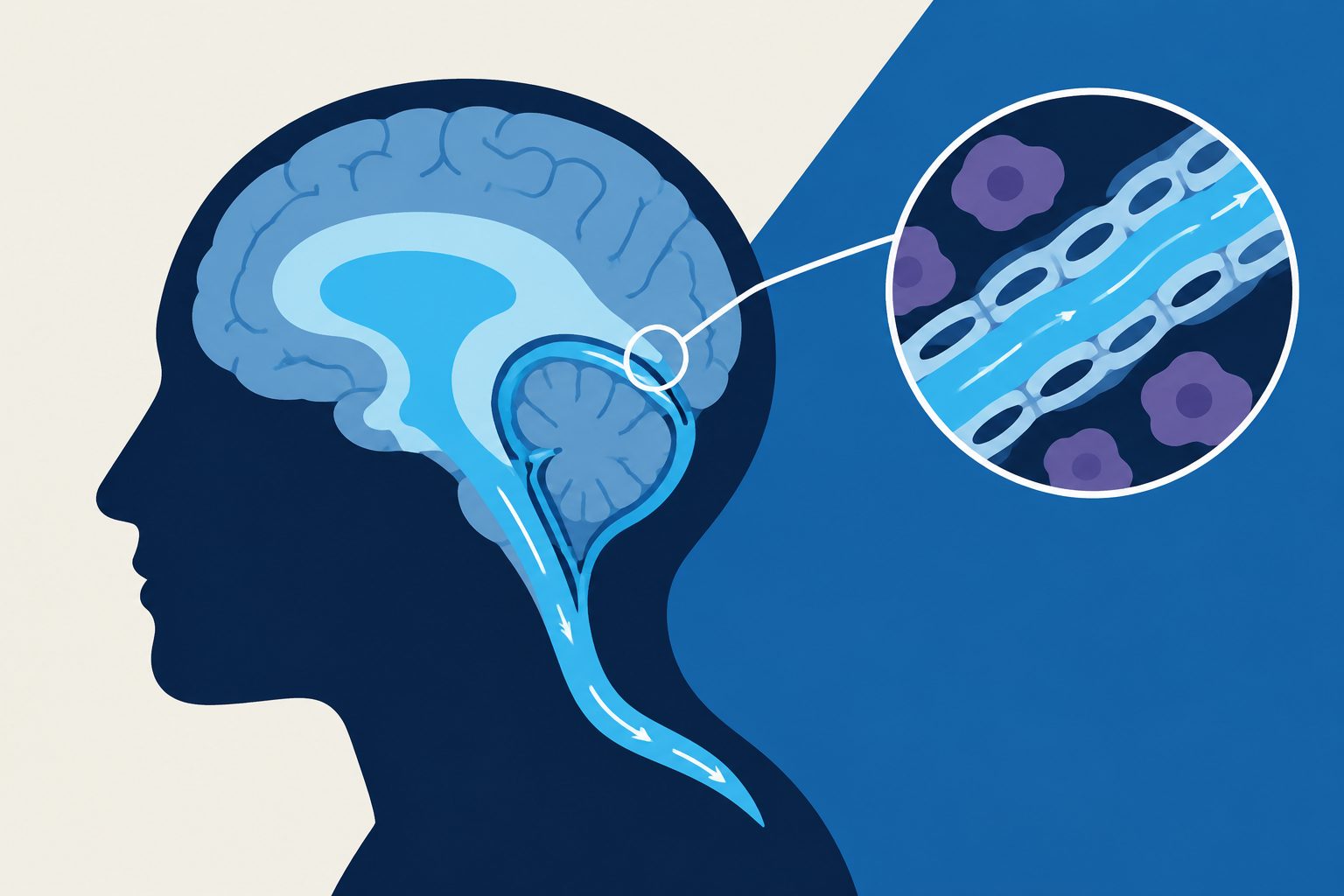 Abstract editorial illustration accompanying the article: A brain drainage network may link fluid clearance to neurodegeneration