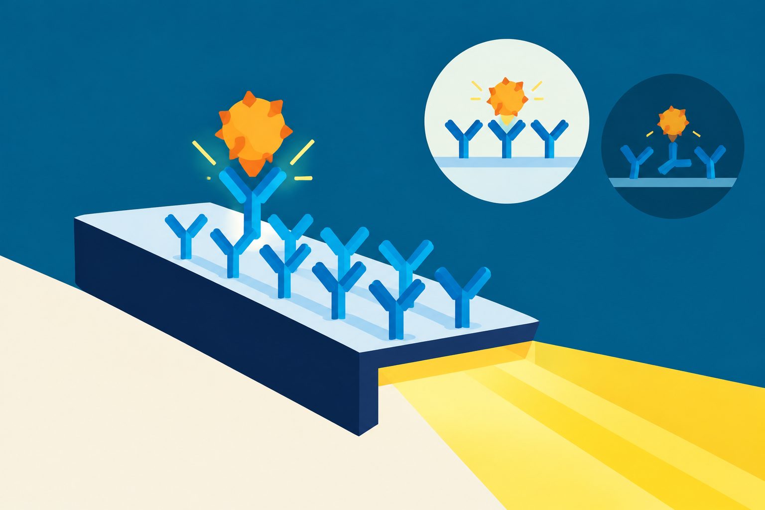 Abstract editorial illustration accompanying the article: Rapid tests got more sensitive when antibodies were positioned carefully