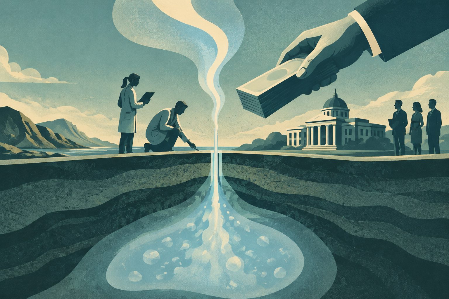 Abstract editorial illustration accompanying the article: Natural hydrogen hype can shape funding rules and research agendas