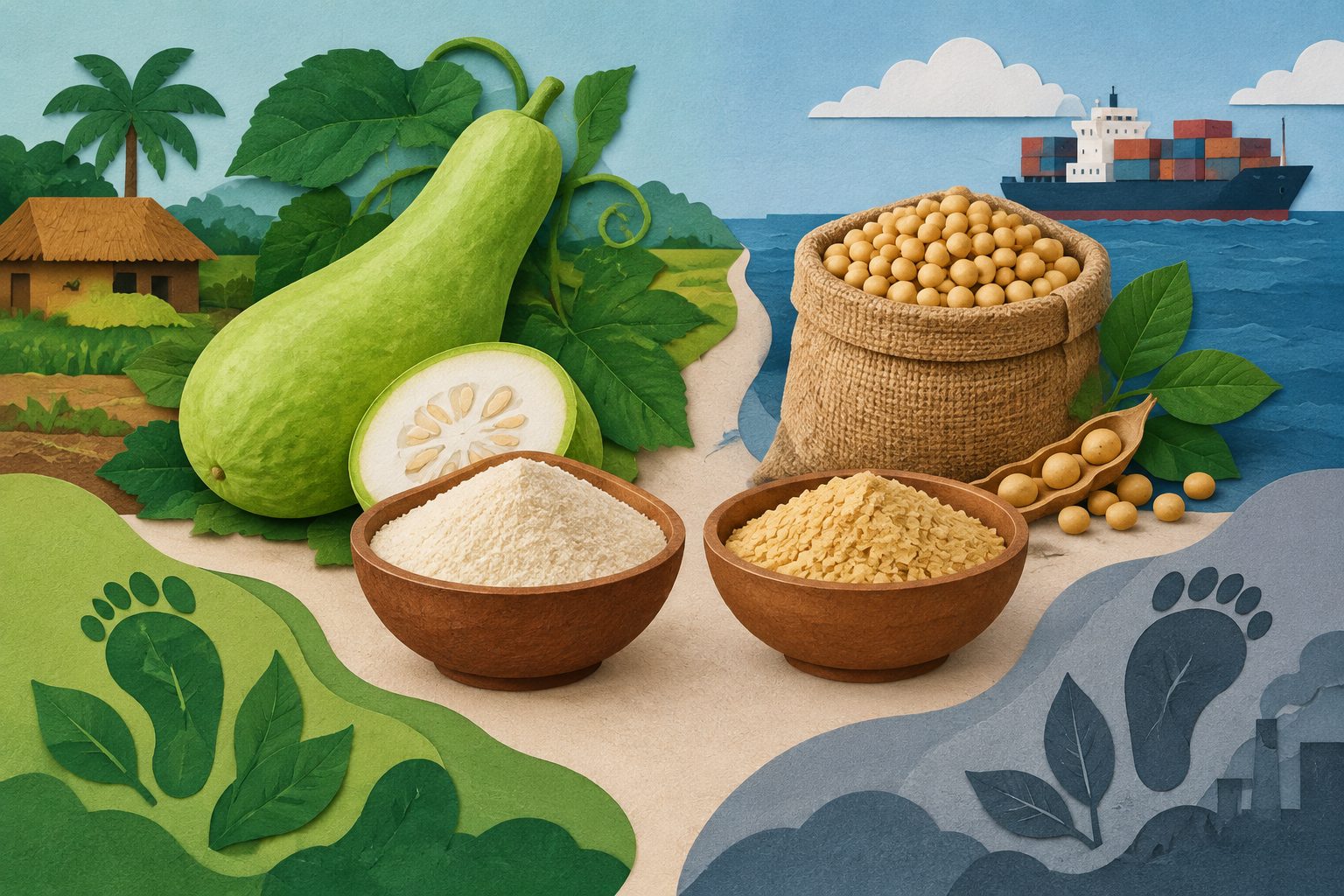 Abstract editorial illustration accompanying the article: Ivorian bottle-gourd protein had lower impacts than imported soy—but not always