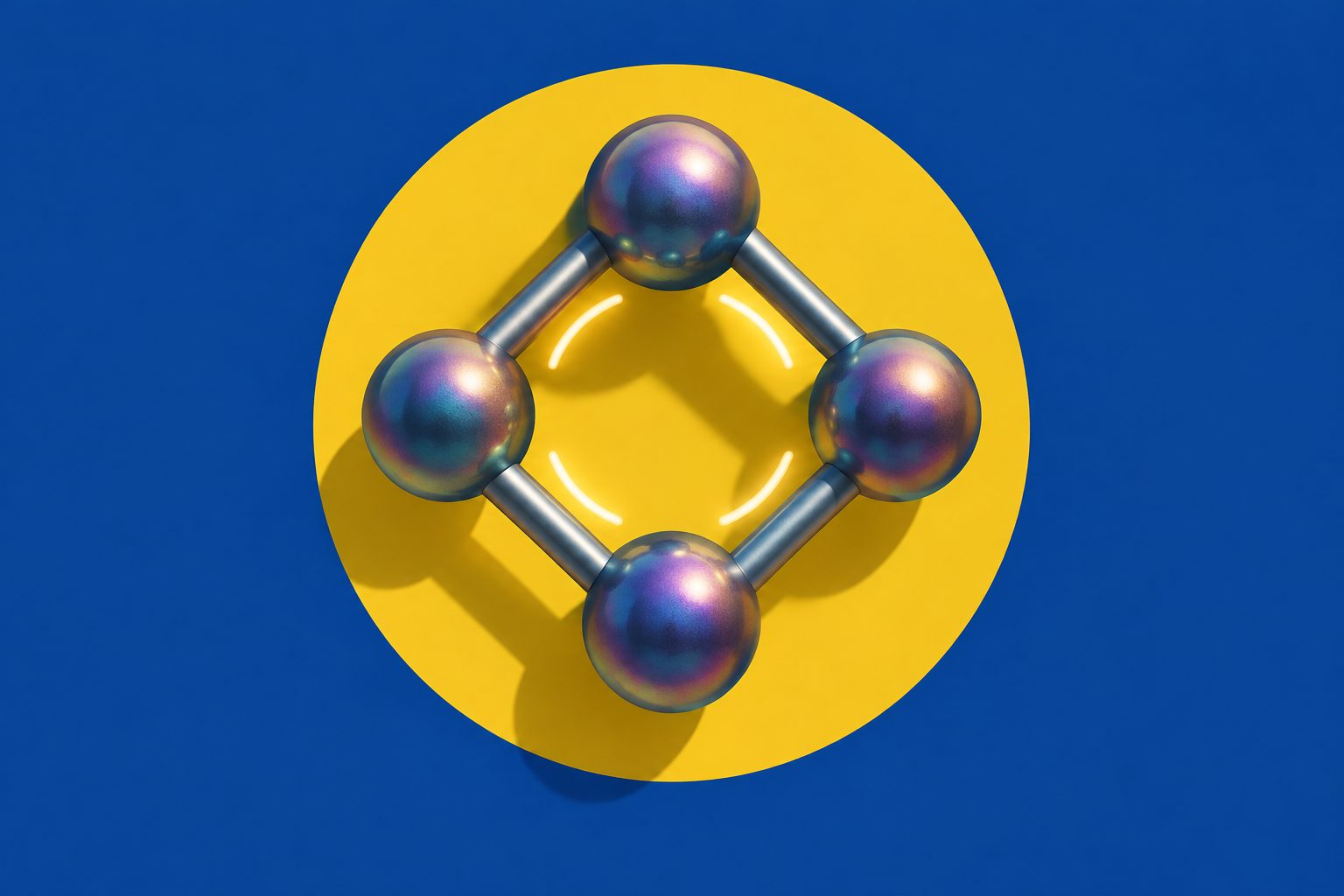 Abstract editorial illustration accompanying the article: A four-bismuth ring behaves like an aromatic molecule