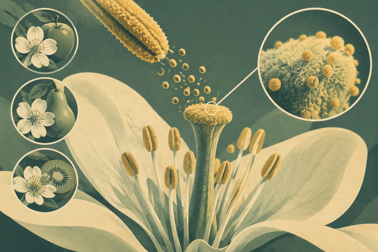 Abstract editorial illustration accompanying the article: How apple, pear and kiwifruit pollen stays on a flower’s stigma