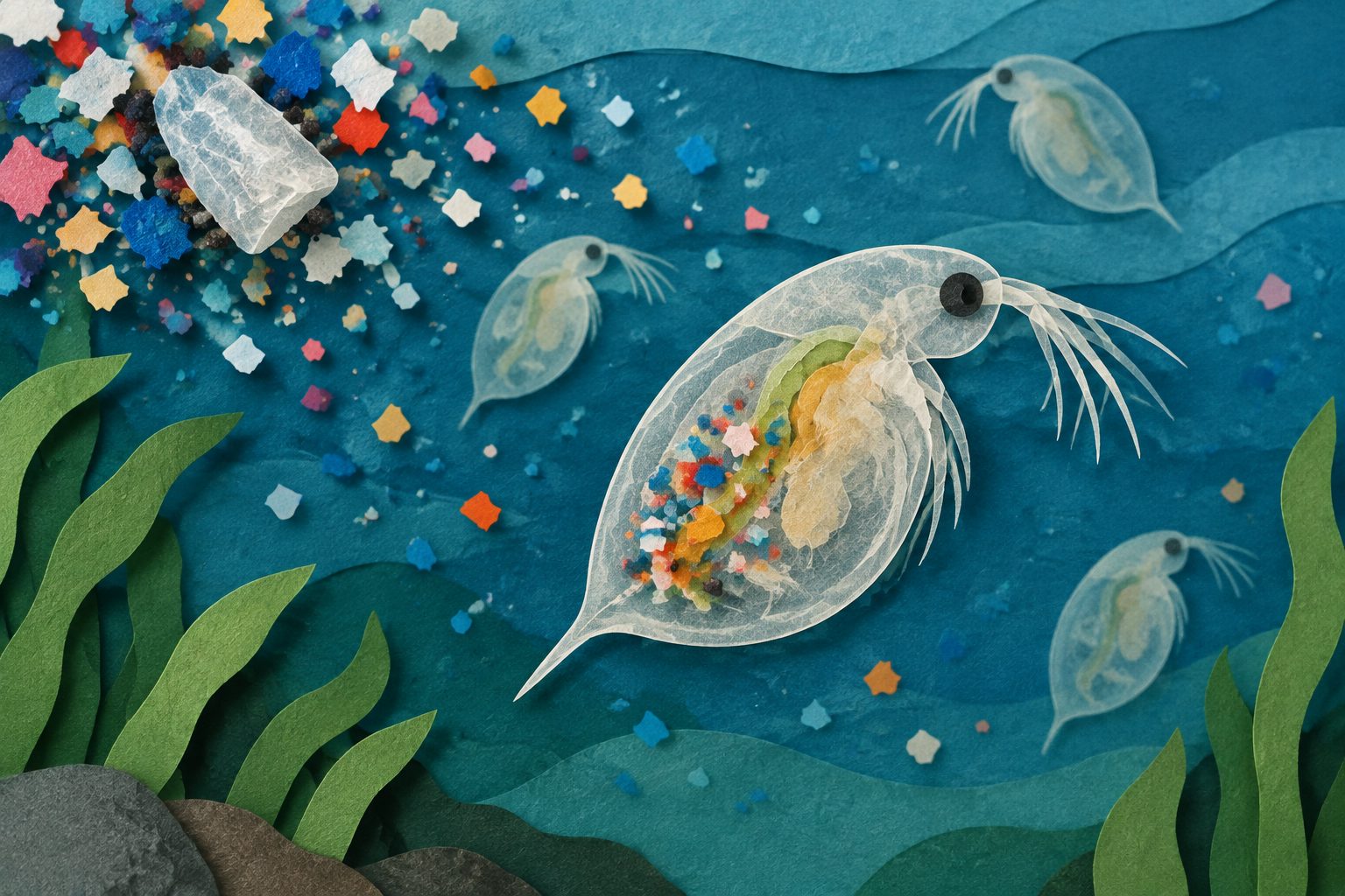 Abstract editorial illustration accompanying the article: Pollutant-carrying plastic particles harmed water fleas in long-term tests