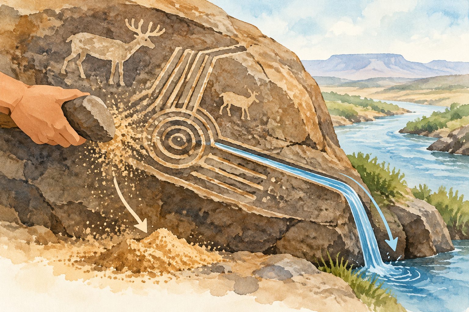 Abstract editorial illustration accompanying the article: Bronze Age rock carvings may have been tools for making dust and guiding water