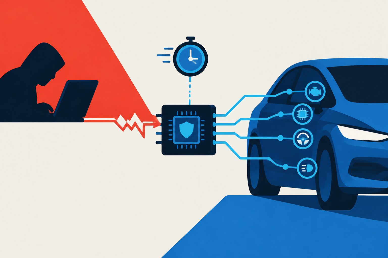 Abstract editorial illustration accompanying the article: A hardware monitor detected simulated attacks on car networks in 14 microseconds